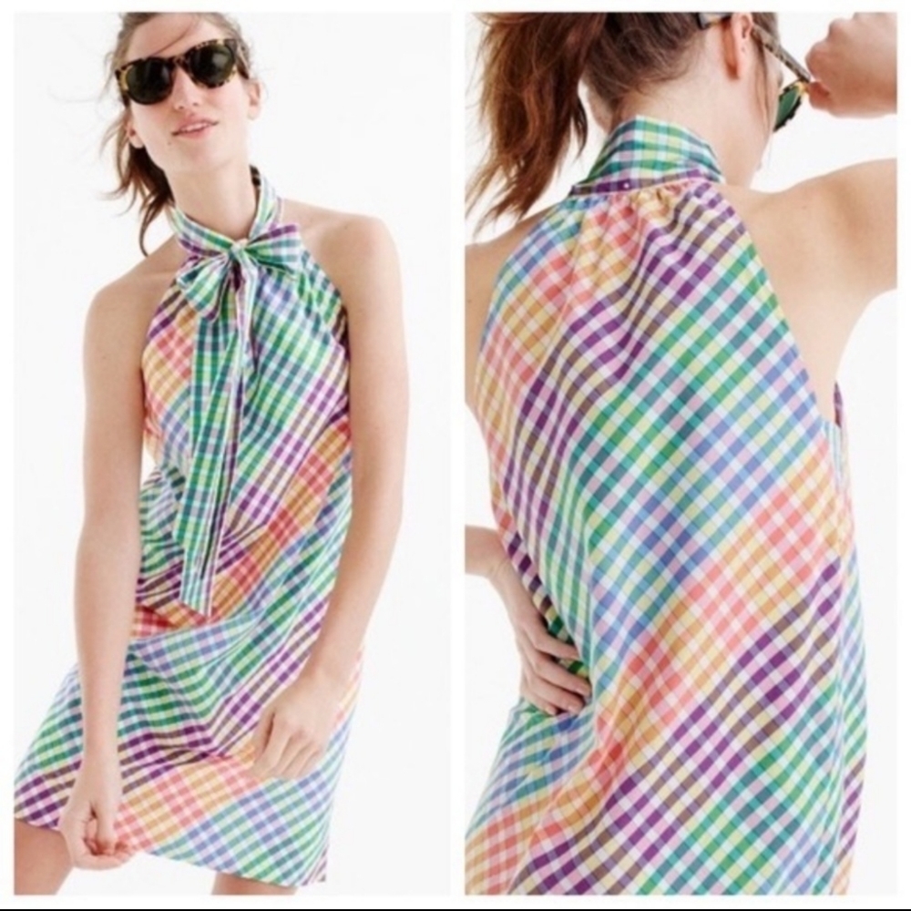 J. Crew Tie Neck Dress Rainbow Gingham Cotton A-line Sleeveless Dress Size 2P